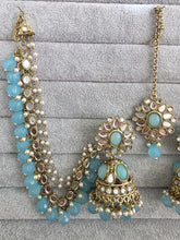 Aqua Blue Mirror stone bahubali jhumka with tikka, Mirror jhumnka, bahubali earrings, mirror jewelry for wedding, indian pakistani jewelry
