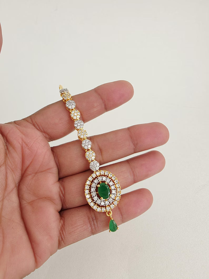 American Diamond 2-Tone Gold Maang tikka/Indian Wedding Jewelry/ Pakistani Jewelry/ Jhoomer/ Matha patti/ Indian forehead jewelry