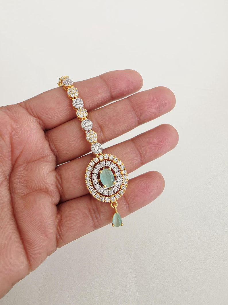 American Diamond 2-Tone Gold Maang tikka/Indian Wedding Jewelry/ Pakistani Jewelry/ Jhoomer/ Matha patti/ Indian forehead jewelry