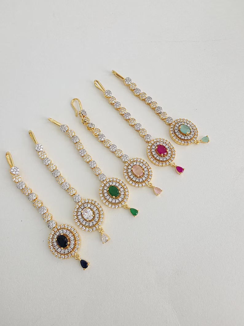 American Diamond 2-Tone Gold Maang tikka/Indian Wedding Jewelry/ Pakistani Jewelry/ Jhoomer/ Matha patti/ Indian forehead jewelry