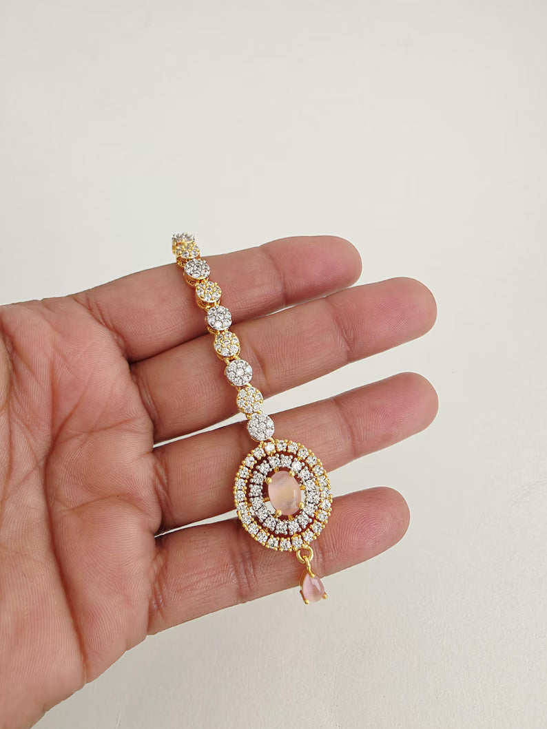 American Diamond 2-Tone Gold Maang tikka/Indian Wedding Jewelry/ Pakistani Jewelry/ Jhoomer/ Matha patti/ Indian forehead jewelry