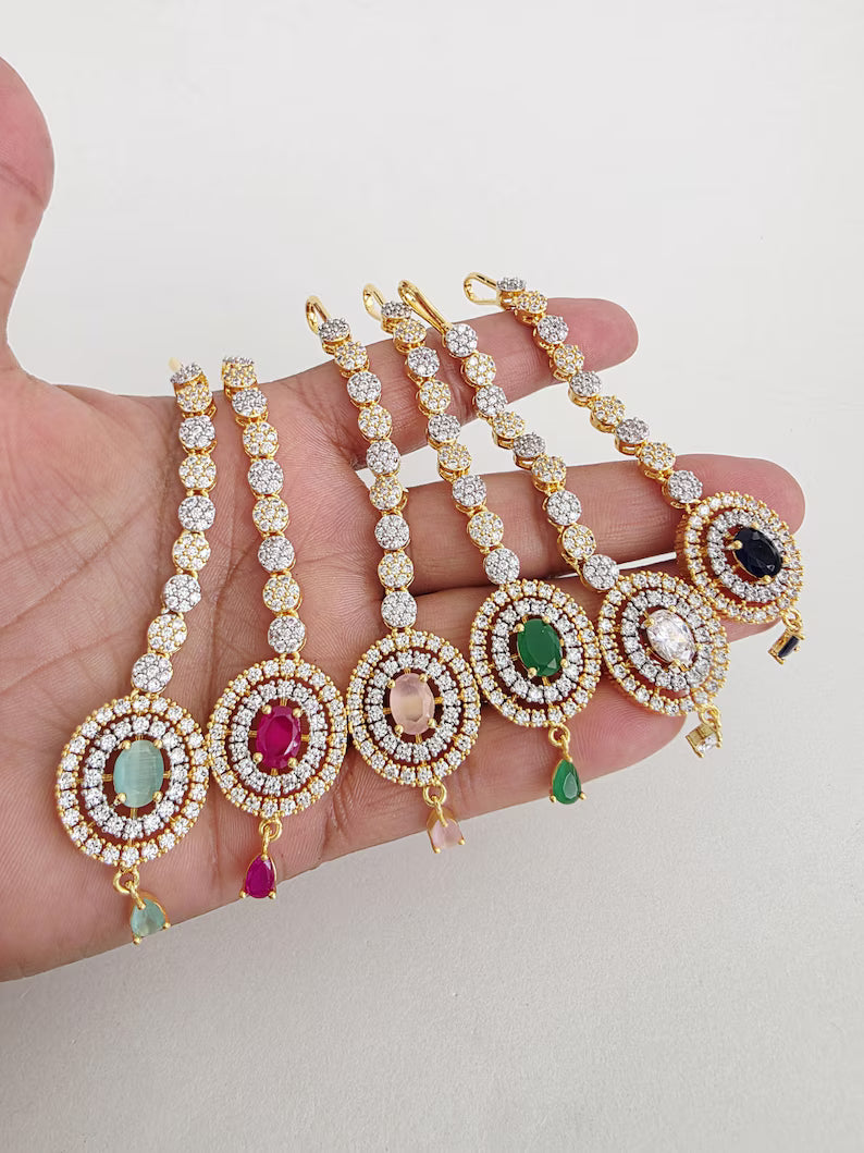 American Diamond 2-Tone Gold Maang tikka/Indian Wedding Jewelry/ Pakistani Jewelry/ Jhoomer/ Matha patti/ Indian forehead jewelry