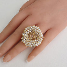 Oversized Statement Gold Pearl Ring/Adjustable Ring/ Indian Ring/Pakistani Jewelry/ Indian Jewelry/ Bollywood Jewelry/Indian Wedding jewelry