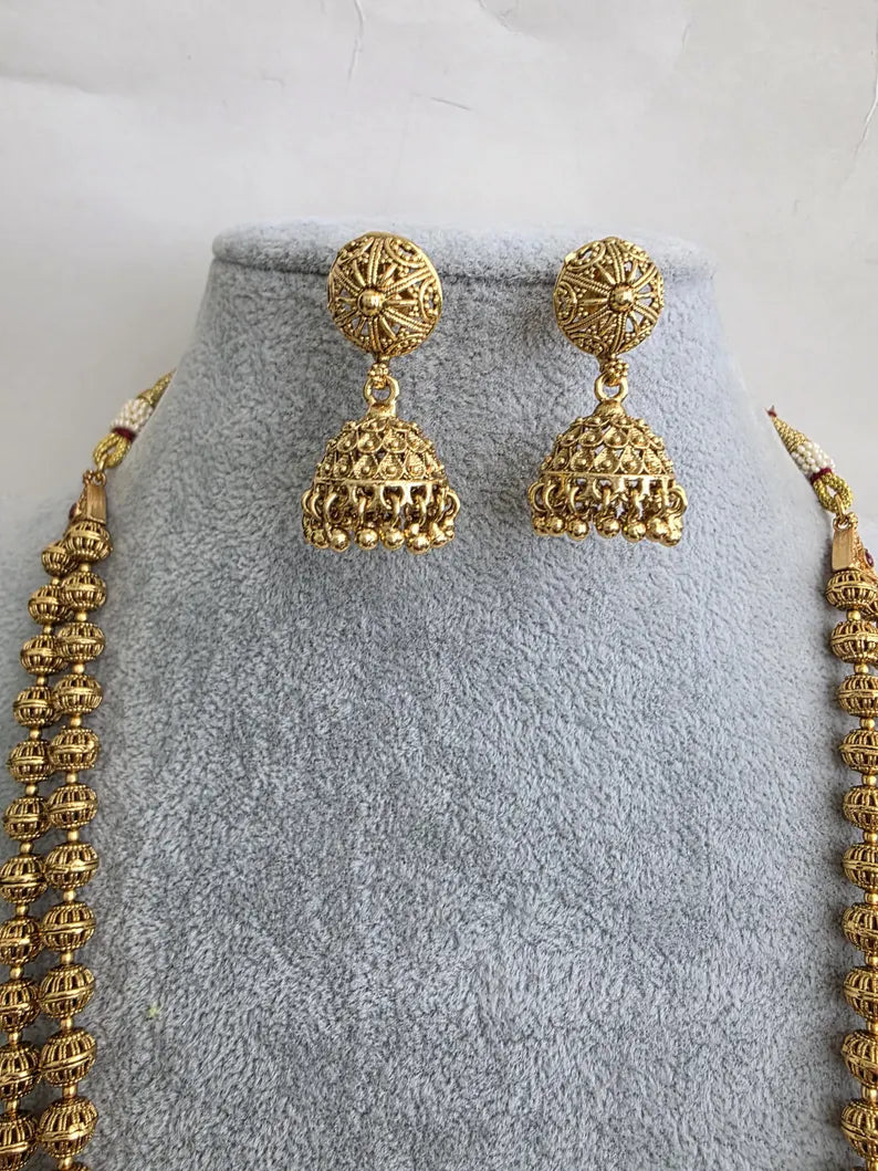 Antique Matar Mala Necklace With Gold Plating\ Antique Gold Long Necklace/Indian Necklace/South Indian Necklace/Long Necklace/Indian Jewelry