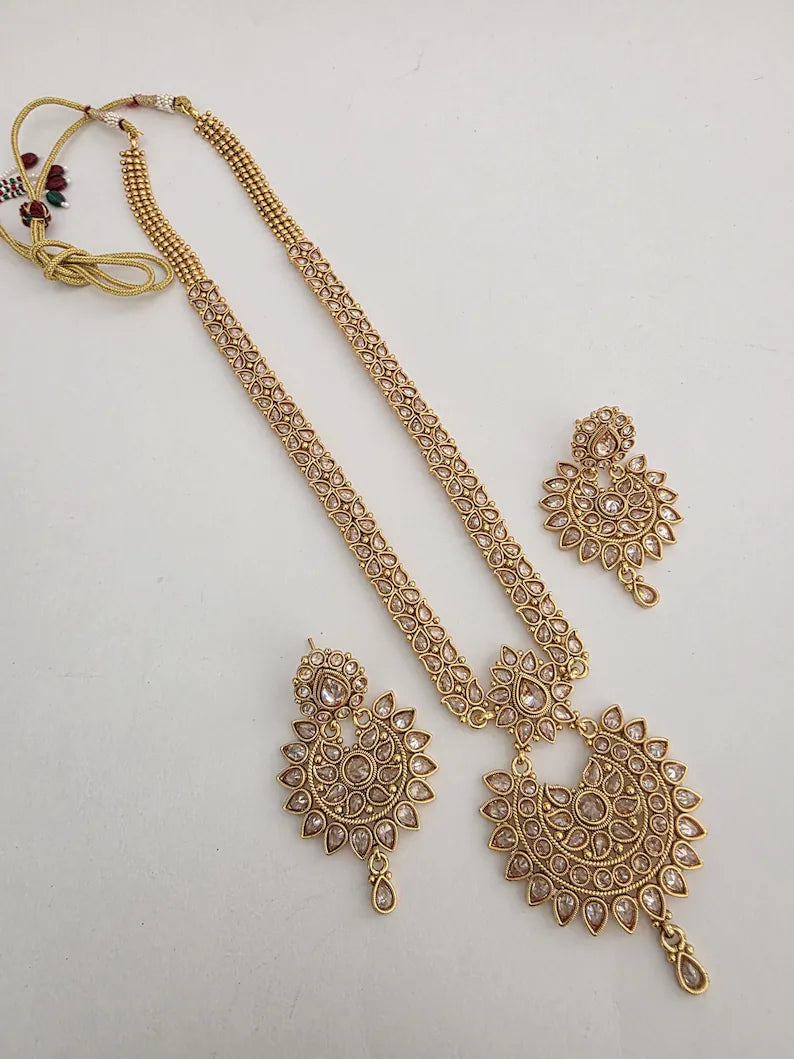 Antique Long gold-plated Polki mala Necklace/Haram Necklace/Pakistani Jewelry/Haram Necklace/Punjabi Jewelry/Indian Wedding/Rani Haar