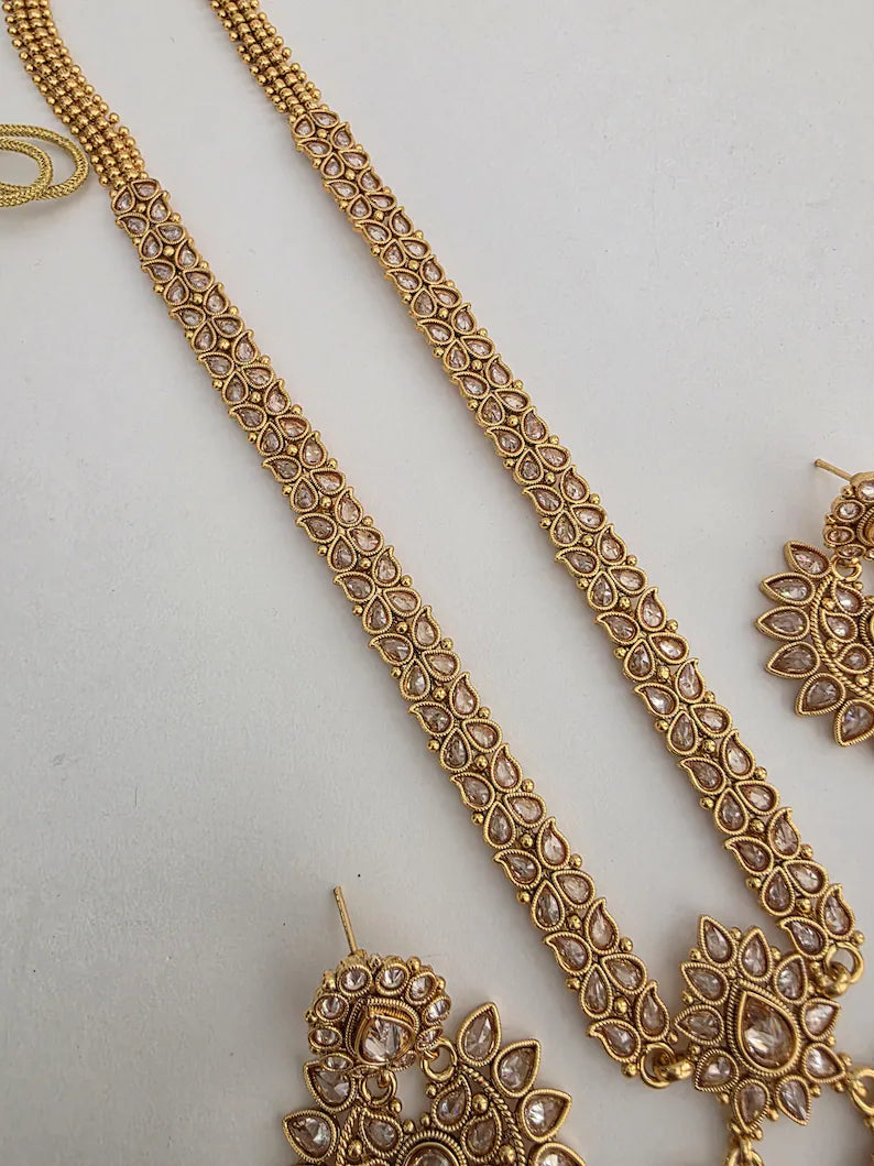 Antique Long gold-plated Polki mala Necklace/Haram Necklace/Pakistani Jewelry/Haram Necklace/Punjabi Jewelry/Indian Wedding/Rani Haar