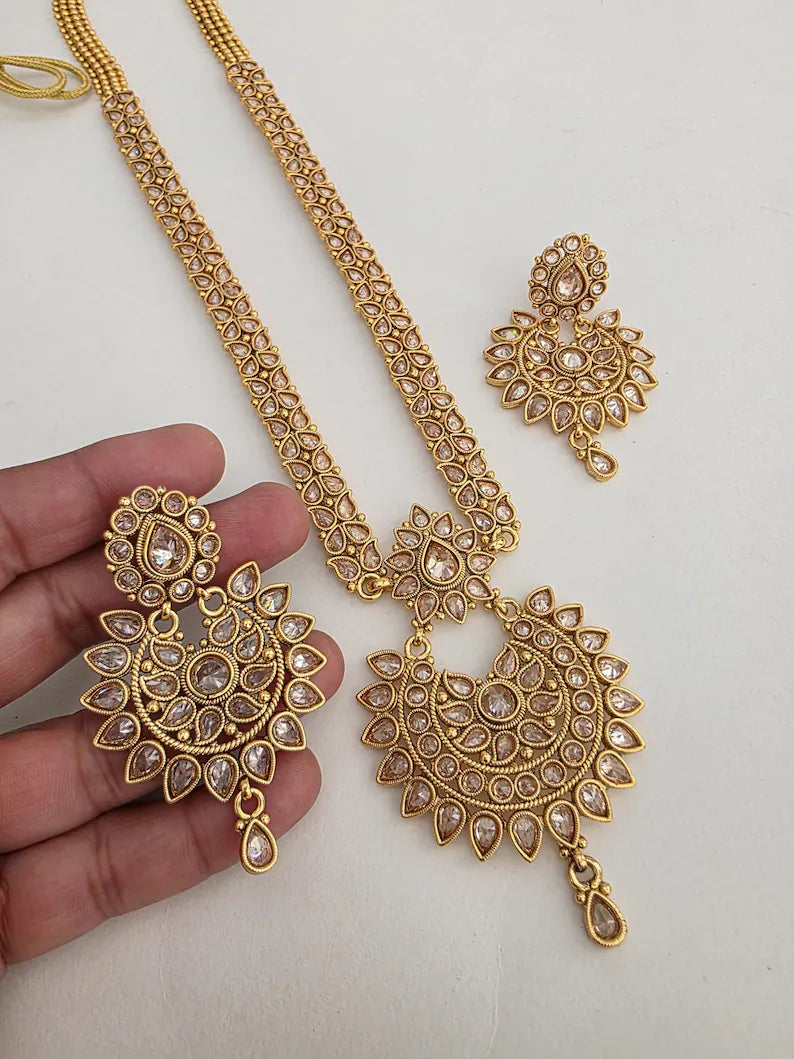 Antique Long gold-plated Polki mala Necklace/Haram Necklace/Pakistani Jewelry/Haram Necklace/Punjabi Jewelry/Indian Wedding/Rani Haar