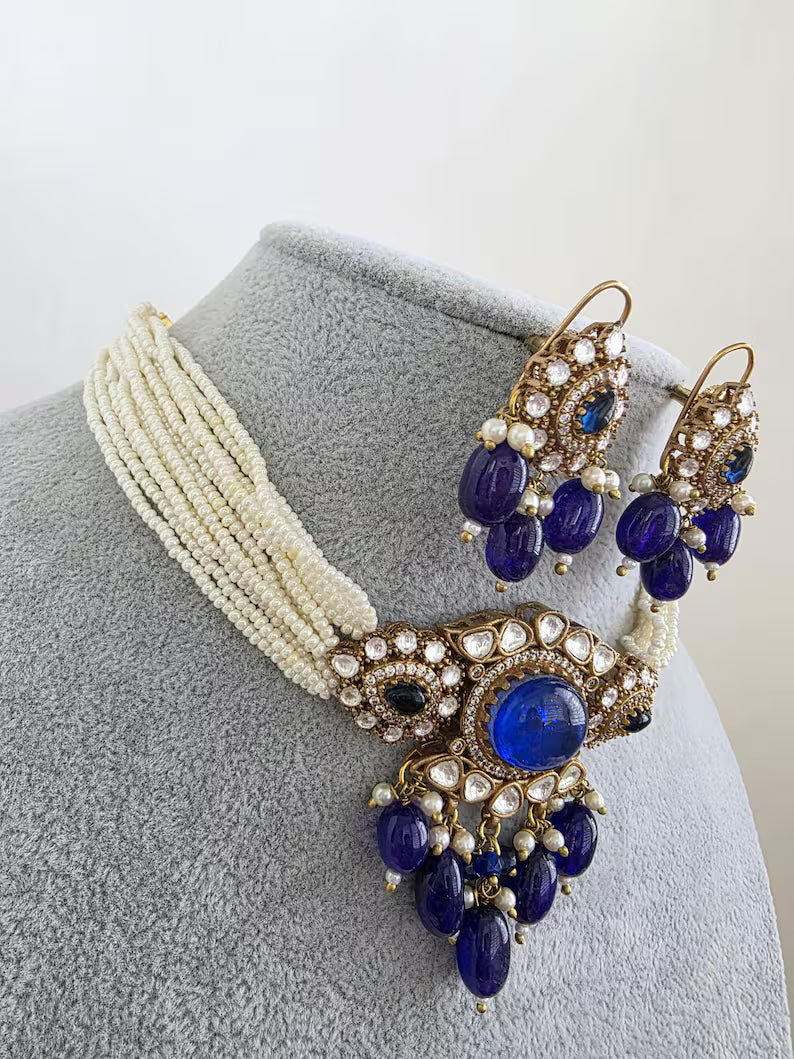 Blue Doublet Moissanite Pearl Kundan Necklace/Kundan Choker/Bollywood Jewelry/Indian wedding/Bridal jewelry/Pakistani/Punjabi