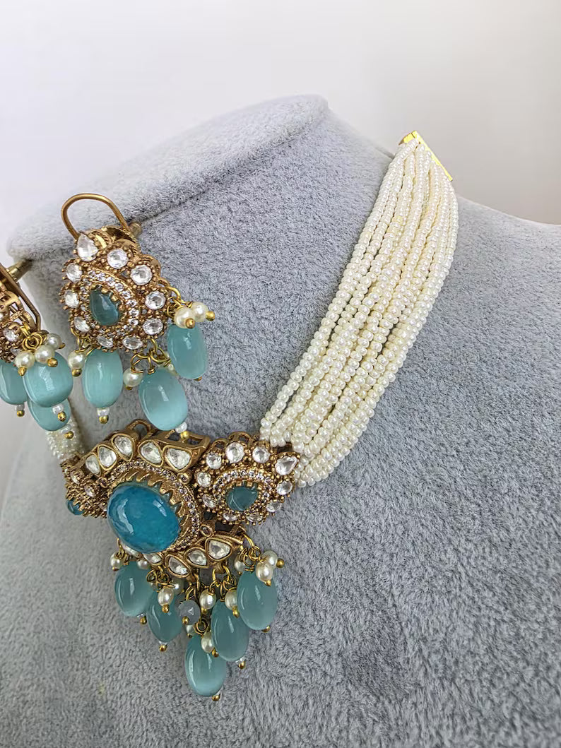 Aqua Blue Doublet Moissanite Pearl Kundan Necklace/Kundan Choker/Bollywood Jewelry/Indian wedding/Bridal jewelry/Pakistani/Punjabi