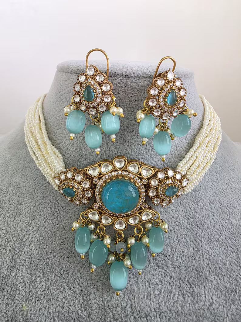 Aqua Blue Doublet Moissanite Pearl Kundan Necklace/Kundan Choker/Bollywood Jewelry/Indian wedding/Bridal jewelry/Pakistani/Punjabi