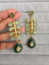 Mint Green Amrapali-inspired Long Gold Fusion Heritage Indian Earrings, Antique Earring With Gold Plating, Fusion earrings, Kundan Fusion