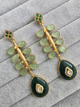 Mint Green Amrapali-inspired Long Gold Fusion Heritage Indian Earrings, Antique Earring With Gold Plating, Fusion earrings, Kundan Fusion