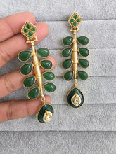 Green Amrapali-inspired Long Gold Fusion Heritage Indian Earrings, Antique Earring With Gold Plating, Fusion earrings, Kundan Fusion Earring