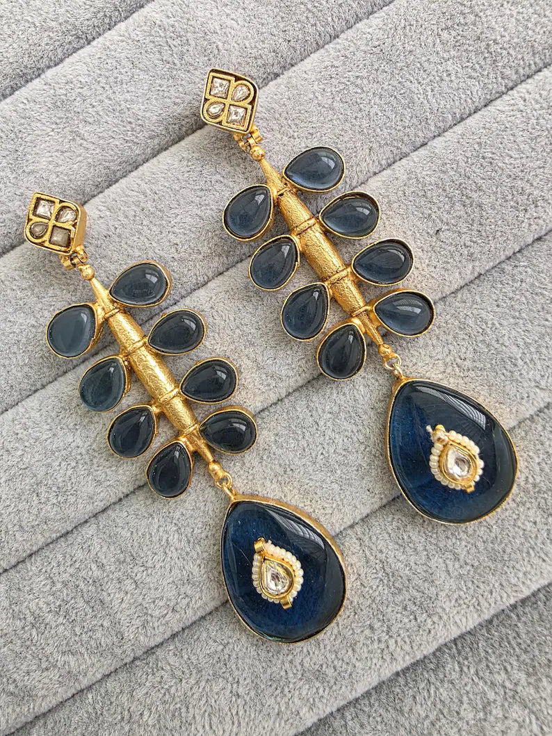Blue Amrapali-inspired Long Gold Fusion Heritage Indian Earrings, Antique Earring With Gold Plating, Fusion earrings, Kundan Fusion Earring