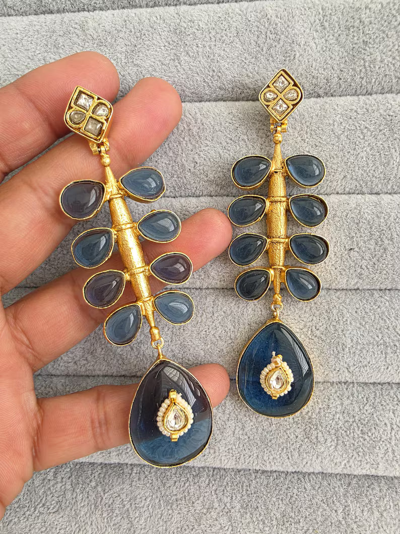 Blue Amrapali-inspired Long Gold Fusion Heritage Indian Earrings, Antique Earring With Gold Plating, Fusion earrings, Kundan Fusion Earring