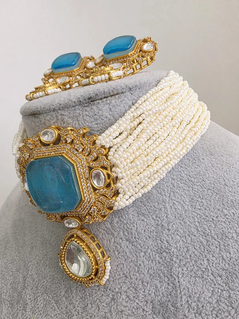 Aqua Blue Doublet Moissanite Pearl Kundan Necklace/Kundan Choker/Indian wedding/Bridal jewelry/Indian Wedding/Pakistani/Punjabi