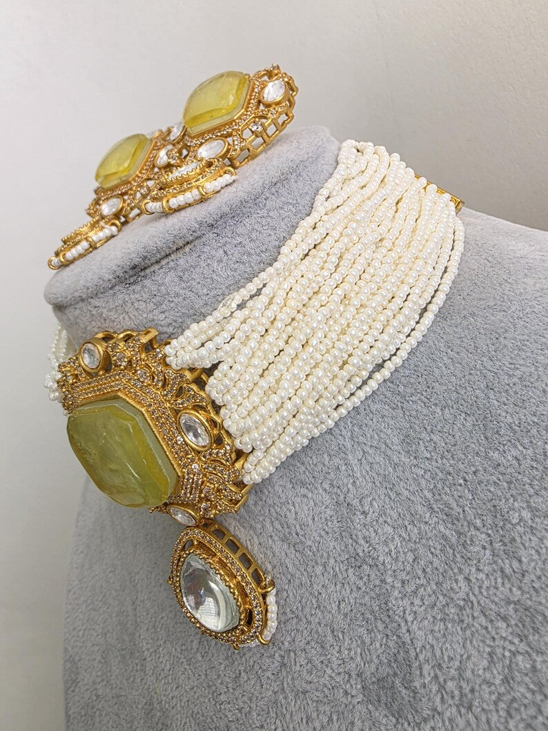 Yellow Doublet Moissanite Pearl Kundan Necklace/Kundan Choker/Indian wedding/Bridal jewelry/Indian Wedding/Pakistani/Punjabi