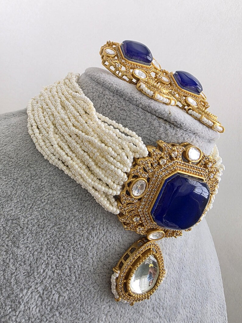 Blue Doublet Moissanite Pearl Kundan Necklace/Kundan Choker/Indian wedding/Bridal jewelry/Indian Wedding/Pakistani/Punjabi