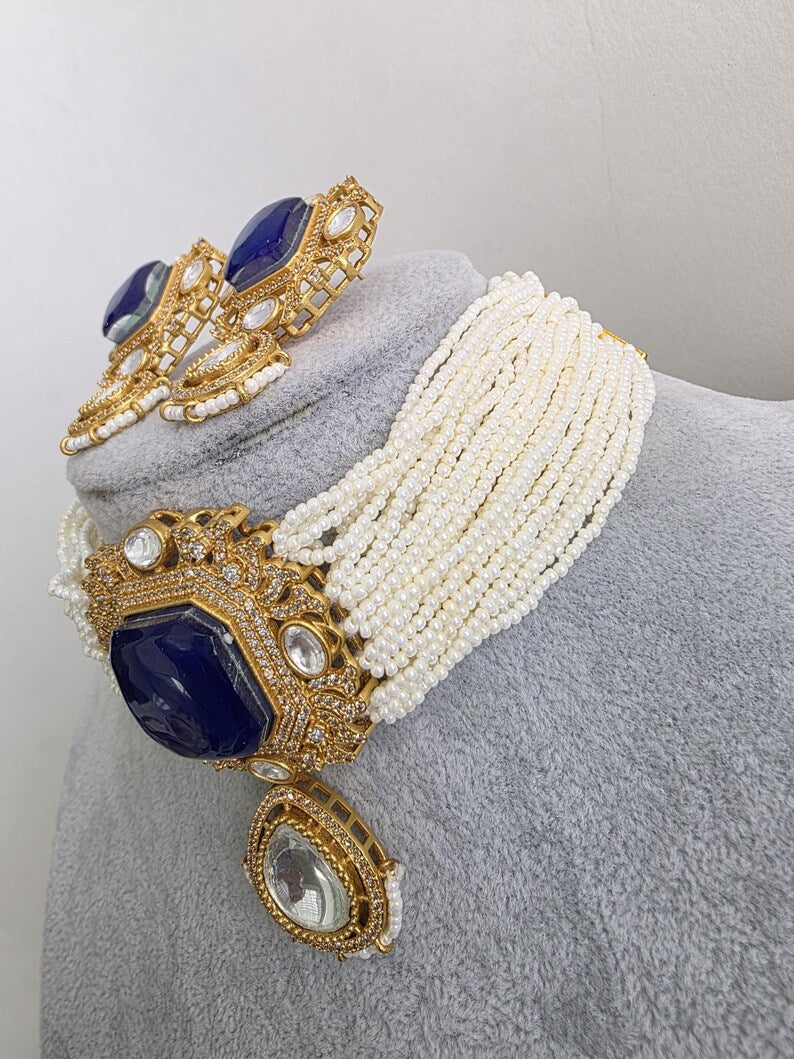Blue Doublet Moissanite Pearl Kundan Necklace/Kundan Choker/Indian wedding/Bridal jewelry/Indian Wedding/Pakistani/Punjabi