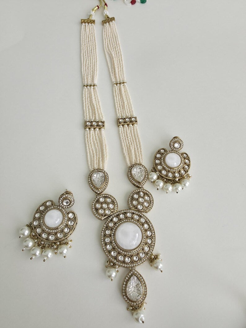 White Pearl Kundan Mala long necklace set/Kundan rani haar/Kundan Mala Set/Multi strand necklace/Indian jewelry/Kundan jewelry, Pakistani