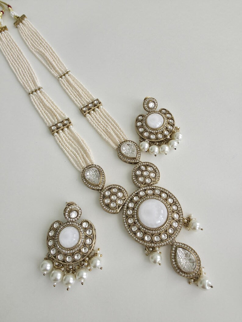 White Pearl Kundan Mala long necklace set/Kundan rani haar/Kundan Mala Set/Multi strand necklace/Indian jewelry/Kundan jewelry, Pakistani