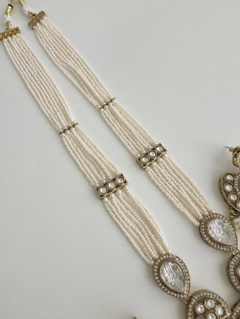 White Pearl Kundan Mala long necklace set/Kundan rani haar/Kundan Mala Set/Multi strand necklace/Indian jewelry/Kundan jewelry, Pakistani