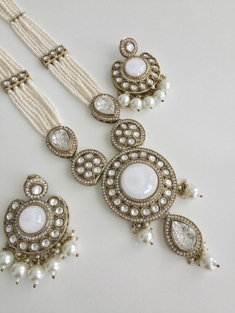 White Pearl Kundan Mala long necklace set/Kundan rani haar/Kundan Mala Set/Multi strand necklace/Indian jewelry/Kundan jewelry, Pakistani
