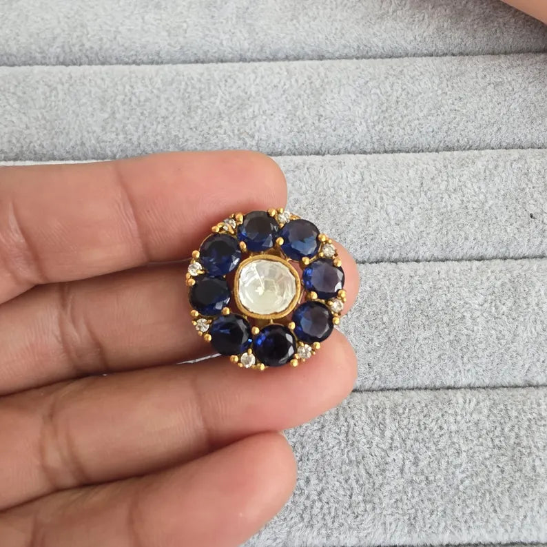 Blue Fine Victorian Moissanite Polki Ring/Adjustable Ring/Indian Ring/Pakistani/Punjabi/Indian Jewelry/Statement ring, Cocktail Ring