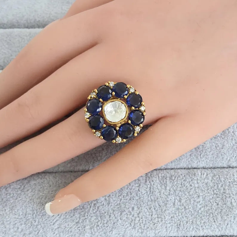 Blue Fine Victorian Moissanite Polki Ring/Adjustable Ring/Indian Ring/Pakistani/Punjabi/Indian Jewelry/Statement ring, Cocktail Ring
