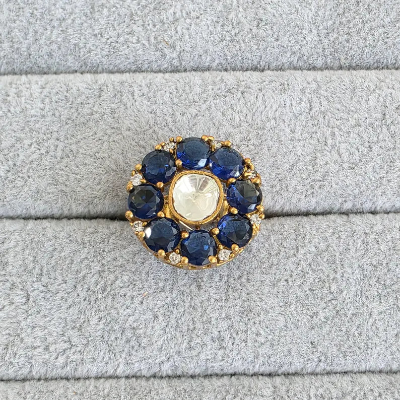 Blue Fine Victorian Moissanite Polki Ring/Adjustable Ring/Indian Ring/Pakistani/Punjabi/Indian Jewelry/Statement ring, Cocktail Ring