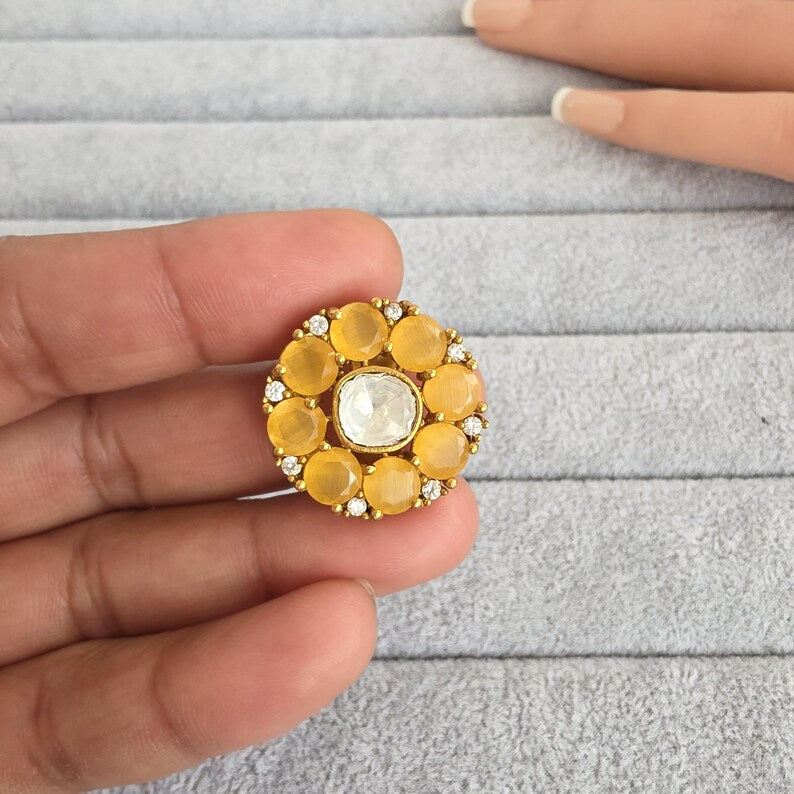 Yellow Fine Victorian Moissanite Polki Ring/Adjustable Ring/Indian Ring/Pakistani/Punjabi/Indian Jewelry/Statement ring, Cocktail Ring