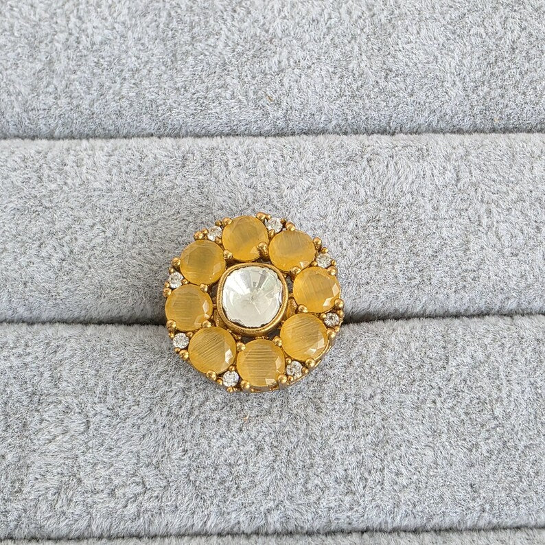 Yellow Fine Victorian Moissanite Polki Ring/Adjustable Ring/Indian Ring/Pakistani/Punjabi/Indian Jewelry/Statement ring, Cocktail Ring