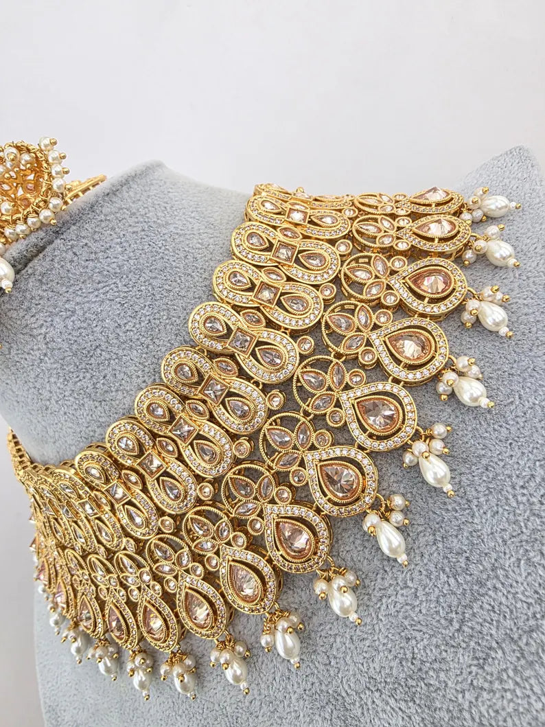 White Bridal gold Polki necklace set, Bridal Jewelry, Indian Pakistani wedding Jewelry, Polki bridal necklace, Indian Necklace