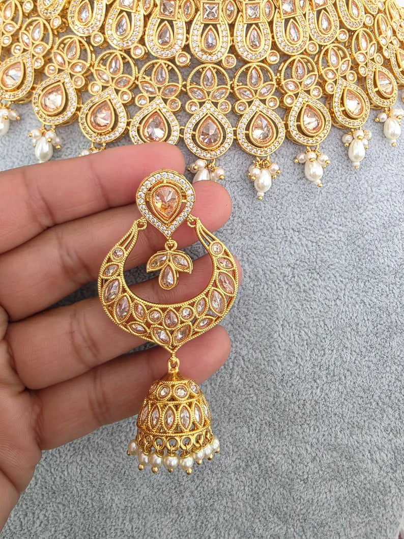 White Bridal gold Polki necklace set, Bridal Jewelry, Indian Pakistani wedding Jewelry, Polki bridal necklace, Indian Necklace