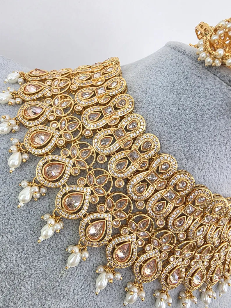 White Bridal gold Polki necklace set, Bridal Jewelry, Indian Pakistani wedding Jewelry, Polki bridal necklace, Indian Necklace