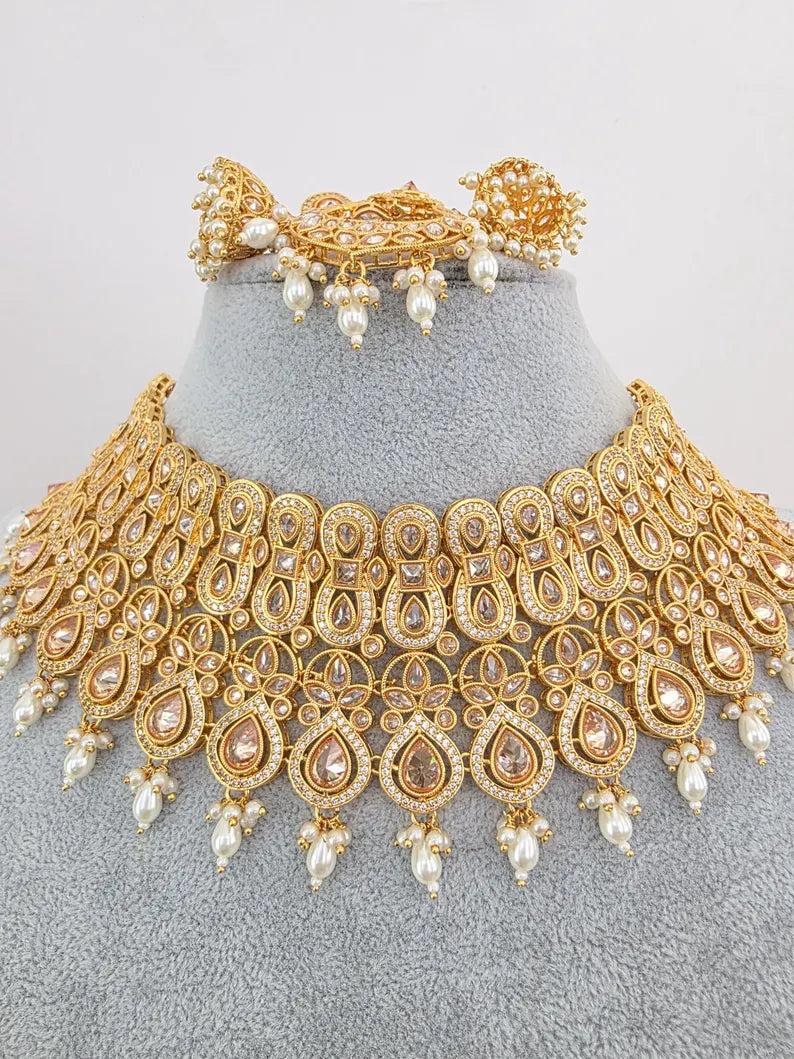 White Bridal gold Polki necklace set, Bridal Jewelry, Indian Pakistani wedding Jewelry, Polki bridal necklace, Indian Necklace
