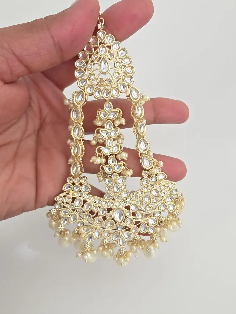 White gold Kundan Pearl Passa, Jhoomer, Side tikka Indian Punjabi Pakistani wedding jewelry, jewelry, Hair accesories