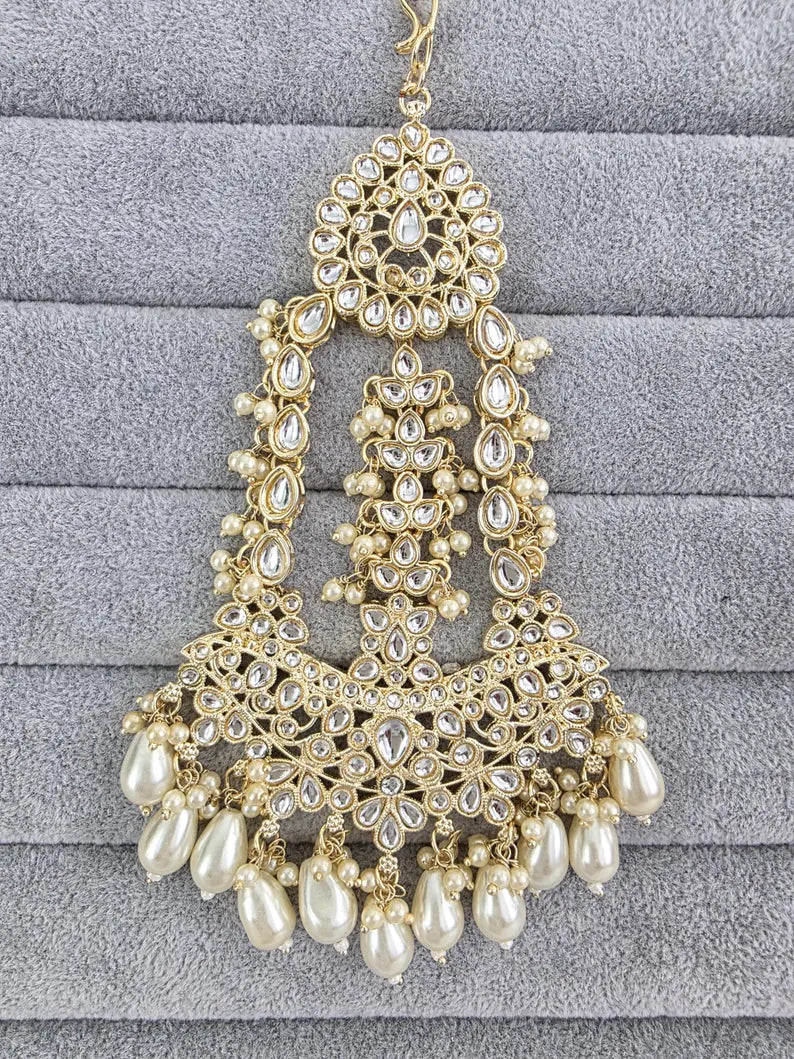 White gold Kundan Pearl Passa, Jhoomer, Side tikka Indian Punjabi Pakistani wedding jewelry, jewelry, Hair accesories