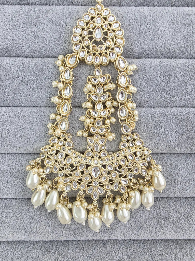 White gold Kundan Pearl Passa, Jhoomer, Side tikka Indian Punjabi Pakistani wedding jewelry, jewelry, Hair accesories