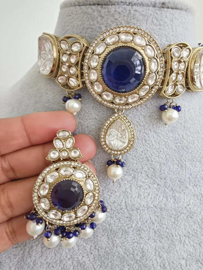 Blue pearl Kundan choker Necklace/Bollywood Jewelry/Indian bridal Kundan necklace/indian Pakistani Punjabi wedding jewelry