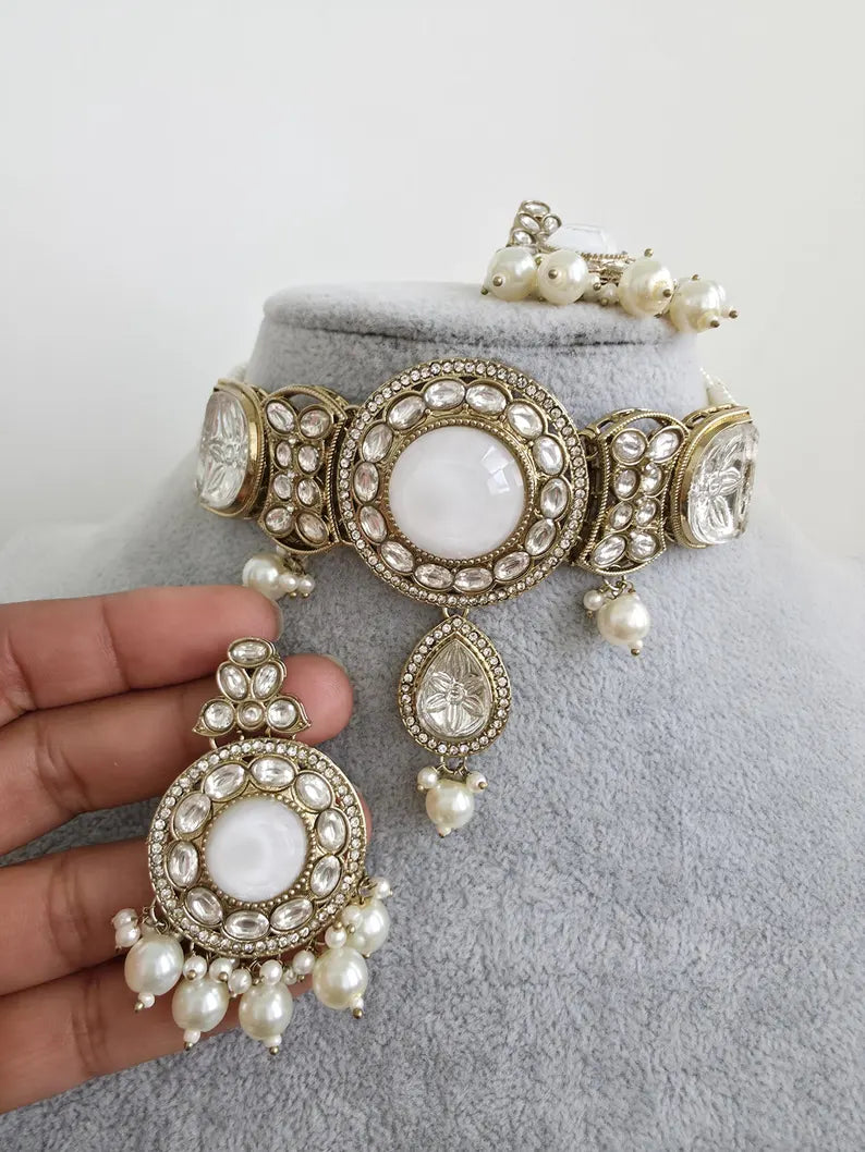White pearl Kundan choker Necklace/Bollywood Jewelry/Indian bridal Kundan necklace/indian Pakistani Punjabi wedding jewelry