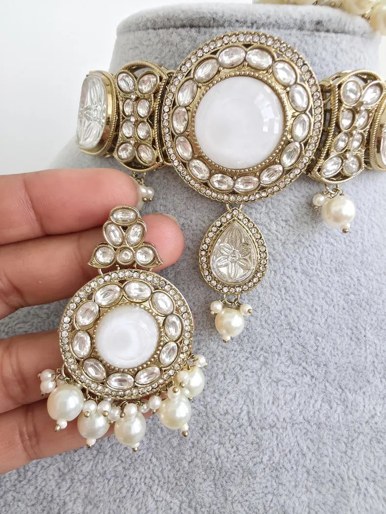 White pearl Kundan choker Necklace/Bollywood Jewelry/Indian bridal Kundan necklace/indian Pakistani Punjabi wedding jewelry