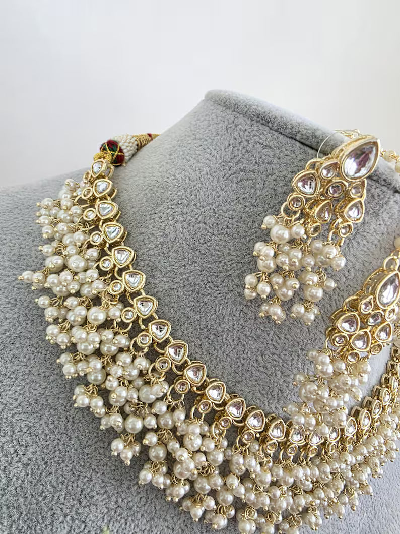 White Kundan Pearl Necklace Set/ Kundan Choker/Bollywood Jewelry/Indian jewelry/ Pakistani necklace/ punjabi necklace/bridal /indian wedding