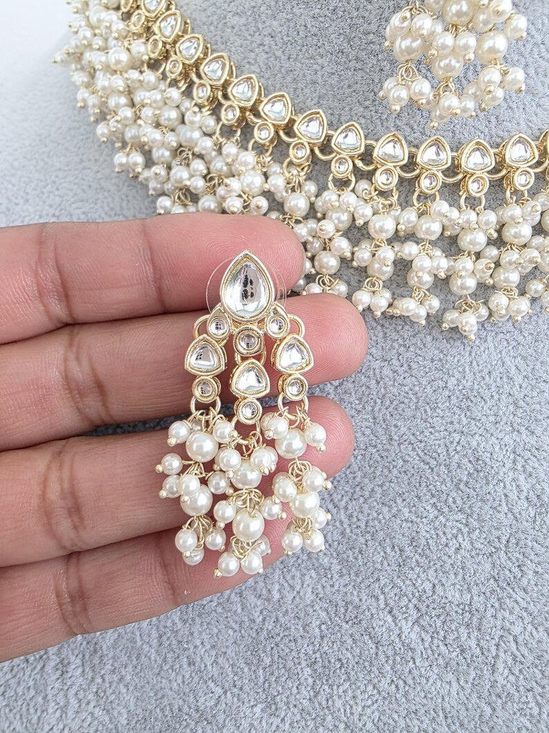 White Kundan Pearl Necklace Set/ Kundan Choker/Bollywood Jewelry/Indian jewelry/ Pakistani necklace/ punjabi necklace/bridal /indian wedding