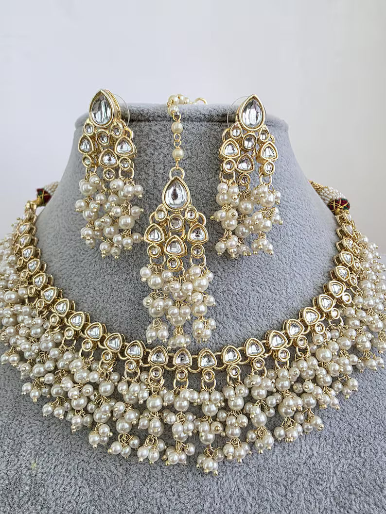 White Kundan Pearl Necklace Set/ Kundan Choker/Bollywood Jewelry/Indian jewelry/ Pakistani necklace/ punjabi necklace/bridal /indian wedding