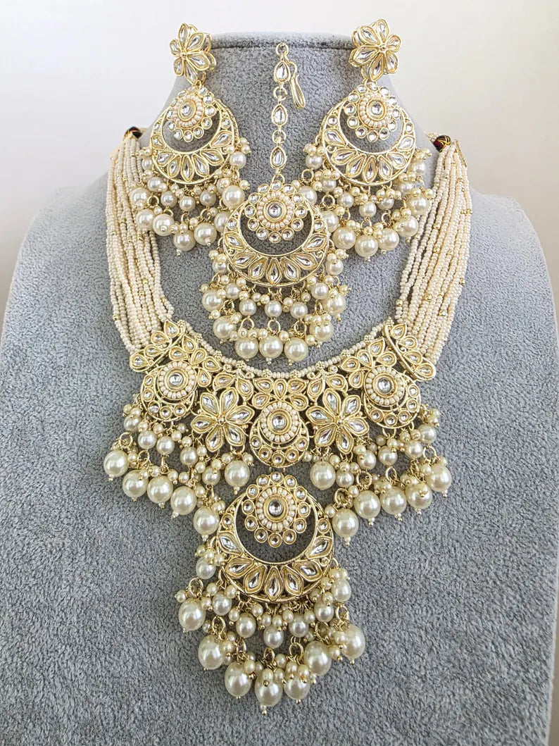 White Kundan Pearl Necklace Set/ Kundan Choker/Bollywood Jewelry/Indian jewelry/ Pakistani necklace/ punjabi necklace/bridal /indian wedding
