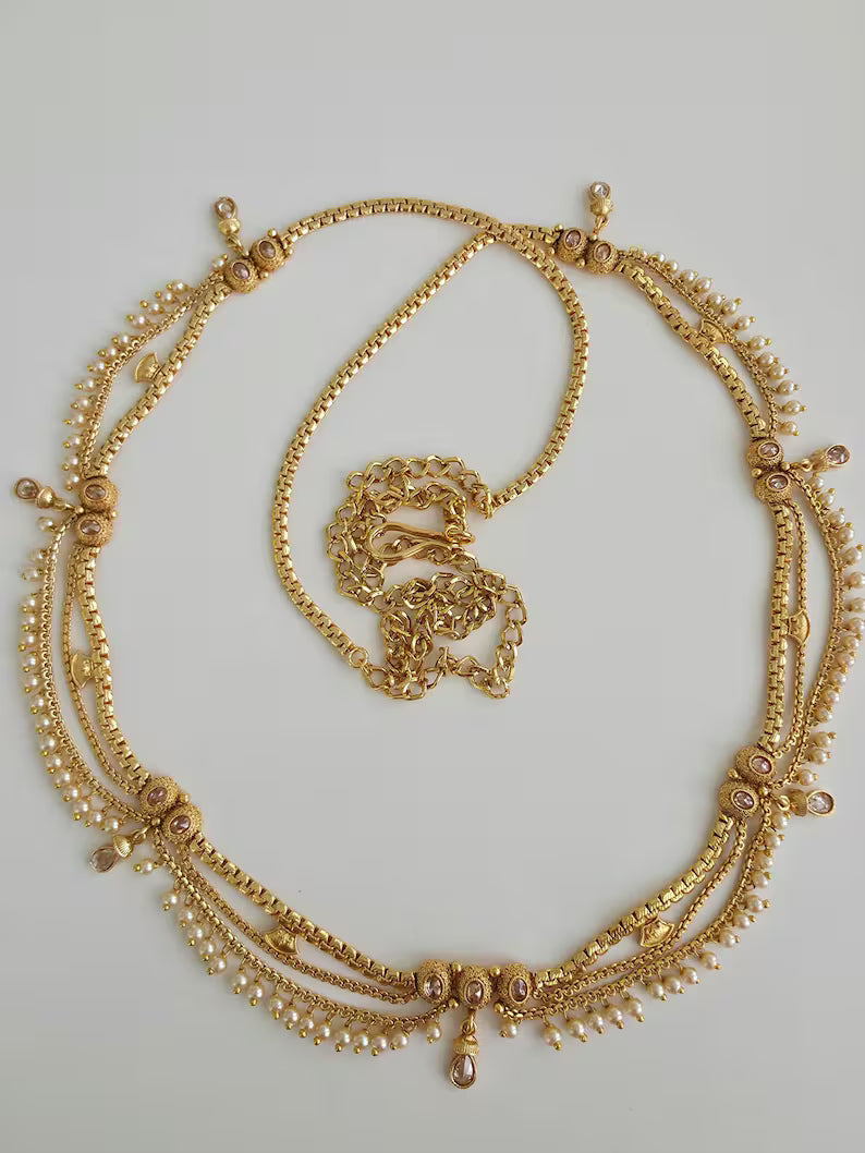 Delicate gold plated polki Belly Chain/Belly chain/Belt/Indian waist belt/Kamarpatta/waist chain/jewelry belt/Kamarbandh/Pearl Belt/Polki