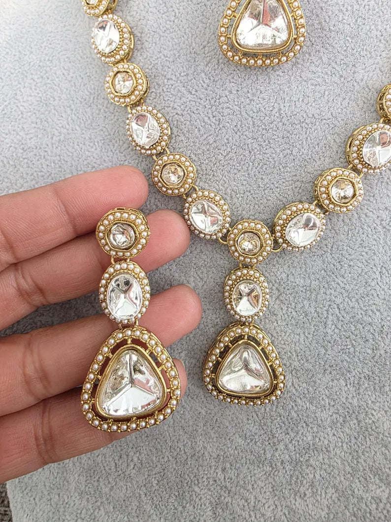 Antique Dull Gold Kundan Pearl Necklace Set/ Kundan necklace/Bollywood Jewelry/Indian jewelry/ Pakistani necklace/ punjabi necklace