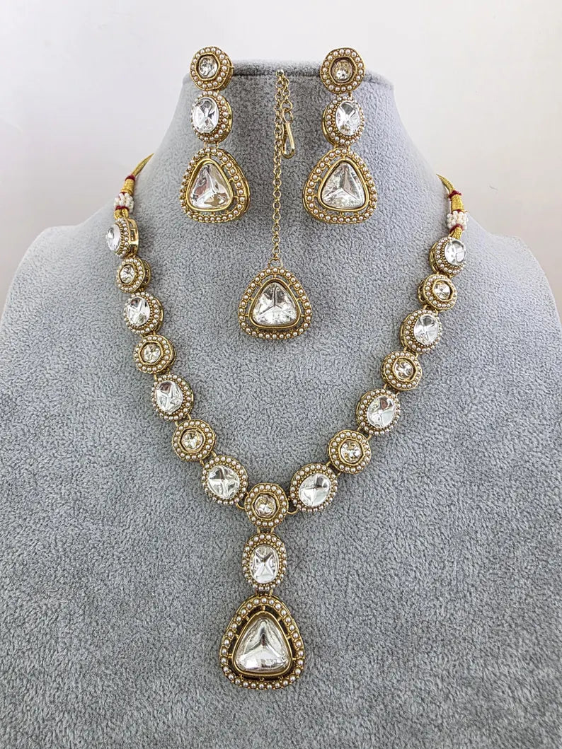 Antique Dull Gold Kundan Pearl Necklace Set/ Kundan necklace/Bollywood Jewelry/Indian jewelry/ Pakistani necklace/ punjabi necklace