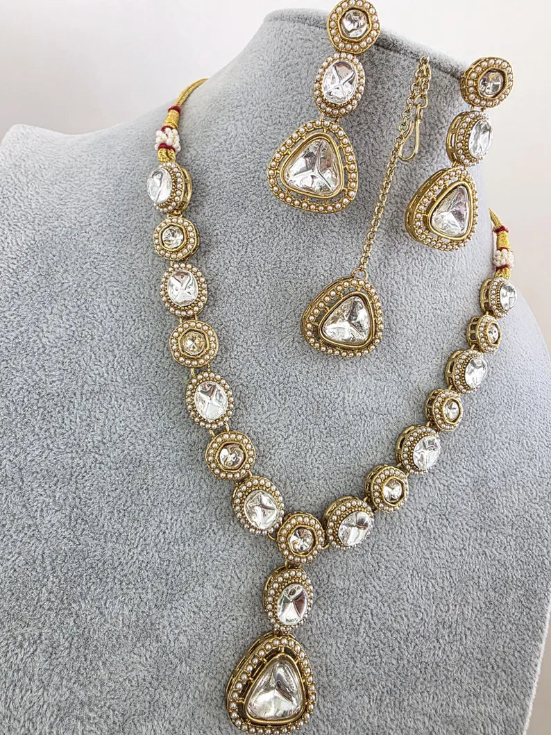Antique Dull Gold Kundan Pearl Necklace Set/ Kundan necklace/Bollywood Jewelry/Indian jewelry/ Pakistani necklace/ punjabi necklace